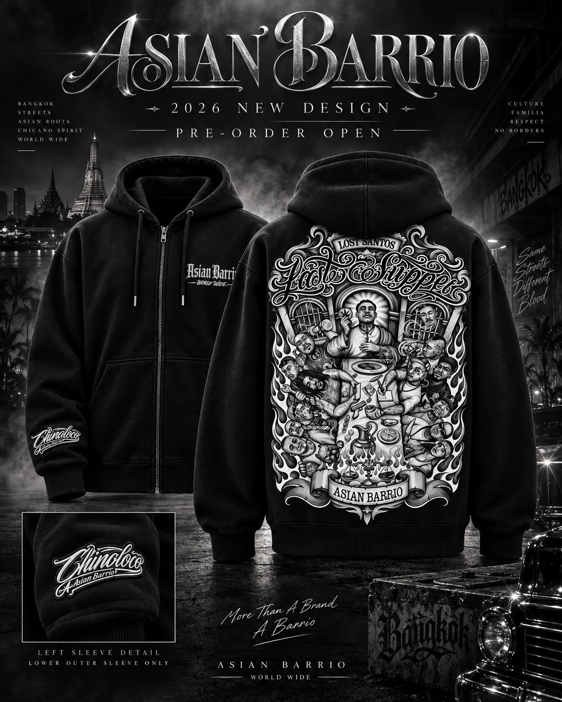 Asian Barrio 2026 Lost Santos zip hoodie preview showing front, back and sleeve detail